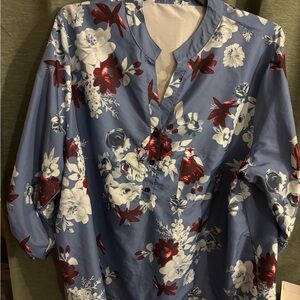 Floral V-Neck Blouse - Blue and Red